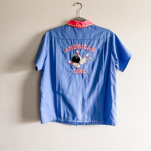 American Girl Vintage Kids Blue & Pink Bowling Shirt Large Bowling Pin Buttons - Picture 10 of 10